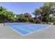 Brightly painted tennis court surrounded by lush trees under a clear blue sky offers an active outdoor lifestyle at 1 Battery Park Rd, Edisto Island, SC 29438