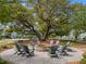 Community fire pit with seating under a large shade tree in a neighborhood at 1479 Mossy Branch Way, Mount Pleasant, SC 29464