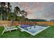 Inviting backyard at dusk featuring a pool, artificial turf, and a privacy fence lined with palms at 158 Garden Lily Ln, Summerville, SC 29485