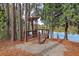 Wooden dock on a serene lake surrounded by trees, offering a peaceful and scenic retreat at 158 Garden Lily Ln, Summerville, SC 29485