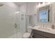 Modern bathroom featuring a glass-enclosed shower, white subway tile, and a vanity at 2237 Tillage St, Mount Pleasant, SC 29466
