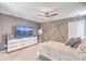 Modern bedroom with geometric accent wall, TV, dresser, and plush bedding offering comfort and style at 353 Dunlin Dr, Summerville, SC 29486