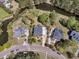 Community aerial showcasing light blue home with mature trees, pond, and well-manicured lawns at 3734 St Ellens Dr, Mount Pleasant, SC 29466