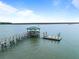 Dock on water with gazebo and a small floating dock with seating for water views at 377 Lofton Ct, McClellanville, SC 29458