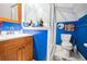 Compact bathroom featuring blue walls, white tile shower and wooden vanity at 527 W Butternut Rd, Summerville, SC 29483