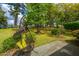 Backyard view with a hanging chair on wooden deck, surrounded by lush greenery and mature trees at 6018 Ridgecrest Ave, Hanahan, SC 29410