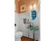 Unique powder room featuring a glass vessel sink, custom mirror, and stylish wall paneling at 803 S Main St, Summerville, SC 29483