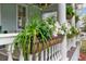 Close-up view of the porch, showcasing flower boxes overflowing with colorful blooms and lush greenery at 803 S Main St, Summerville, SC 29483