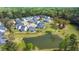 Overhead view of a neighborhood showcasing a pond, tidy lawns, and mature trees offering privacy and natural beauty at 215 Center Hill Ct, Summerville, SC 29485