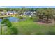 Aerial shot of a residential area with a pond, mature trees, and well-manicured lawns creating a serene atmosphere at 215 Center Hill Ct, Summerville, SC 29485