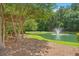 Serene pond with a fountain, accompanied by a swing set and verdant foliage, offering a peaceful retreat at 215 Center Hill Ct, Summerville, SC 29485