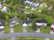 Aerial view of a residential area featuring a pond, mature trees, and well-kept lawns at 308 Burton Ave, Summerville, SC 29485