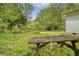 View of backyard with a rustic wooden picnic table, lush greenery, and surrounding trees at 3143 Bonanza Rd, Charleston, SC 29414