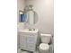 Neutral bathroom with a vanity with storage, toilet, and a decorative mirror at 45 Sycamore Ave # 1327, Charleston, SC 29407
