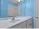 Powder blue bathroom with a white vanity sink, faucet, and white cabinets at 470 Gianna Ln, Goose Creek, SC 29445