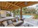 Covered outdoor living area with comfortable seating, overlooking the pool at 3510 Myrtle St, Edisto Island, SC 29438