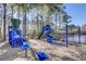 A blue playground with swings, slides, and a train sits on a mulch bed, surrounded by mature trees at 3584 Somerset Hills Ct, Mount Pleasant, SC 29466