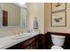 Elegant bathroom featuring a marble countertop, vanity, decorative framed mirror, and a toilet at 4029 Gift Blvd, Johns Island, SC 29455