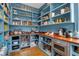Spacious, organized pantry with custom blue shelving, wooden countertops, and plenty of storage at 4310 Stonehouse Cir, Awendaw, SC 29429