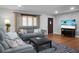 Comfortable living room with gray sofa, beach scene television and colorful area rug at 1113 Smithfield Pl, Hanahan, SC 29410