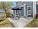 Backyard patio featuring metal table and chairs under a blue umbrella, near a well-manicured yard at 135 Marshside Dr, Summerville, SC 29485