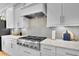 Modern kitchen features a stainless steel range with a modern backsplash and white cabinetry at 1857 W Canning Dr, Mount Pleasant, SC 29466