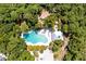 An aerial view of the community pool and firepit surrounded by trees at 2519 Rutherford Way, Charleston, SC 29414