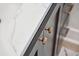 Close-up of cabinet hardware with marble countertop details in new bathroom design at 3 Lauden Blvd, Isle of Palms, SC 29451