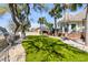 Backyard featuring a lush lawn, palm trees, and manicured landscaping at 1954 Sandy Point Ln, Mount Pleasant, SC 29466