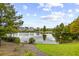 Scenic pond surrounded by lush trees and community homes offers a tranquil outdoor view at 258 Godwit Dr, Summerville, SC 29486