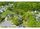 An aerial view shows a pond nestled within a neighborhood surrounded by lush green trees at 407 Burton Ave, Summerville, SC 29485