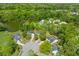 An aerial view displays a pond surrounded by trees nestled within a neighborhood on a sunny day at 407 Burton Ave, Summerville, SC 29485