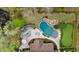 Aerial view of a backyard with a sparkling pool, putting green, and an outdoor living area at 4217 Sawgrass Dr, Charleston, SC 29420