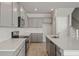 Stylish kitchen with gray cabinets, white countertops, stainless steel appliances, and a large island with a sink at 118 Lilac Grove Way, Summerville, SC 29486