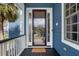 Inviting front porch with glass door, dark trim, and palm trees offering curb appeal at 1188 Quick Rabbit Loop, Charleston, SC 29414