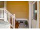 Close-up of front entry stairs and door with white trim and yellow siding at 1243 Appling Dr, Mount Pleasant, SC 29464