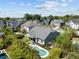 Aerial view of the backyard oasis with a refreshing pool and comfortable seating at 711 Farm Cottage Ln, Charleston, SC 29412
