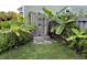 Lush backyard garden with a wooden gate entrance surrounded by banana trees and greenery at 711 Farm Cottage Ln, Charleston, SC 29412
