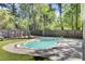 Backyard pool with lush landscaping and a wooden fence at 150 Sugar Magnolia Way, Charleston, SC 29414