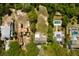 Aerial view of lush neighborhood showcasing swimming pools and a new construction building site at 1651 Atlantic Ave, Sullivans Island, SC 29482