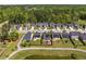 An aerial view of a residential area with a pond, green spaces, and neatly arranged homes and streets at 187 Brittondale Rd, Summerville, SC 29485