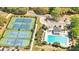 Aerial view showcasing community amenities including tennis courts and swimming pool, perfect for recreation and relaxation at 225 Silverwood Ln, Summerville, SC 29485