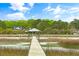 Picturesque water view of a charming home with a gazebo at the end of a wooden pier at 3060 Bohicket Rd, Johns Island, SC 29455
