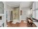 A bathroom featuring a walk-in shower, vanity, and makeup area at 4584 Olde Smoak House Rd, Meggett, SC 29449