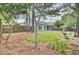 A fenced backyard featuring lush greenery and mature trees surrounding a well-maintained lawn at 8001 Hydrangea Ln, Hanahan, SC 29410