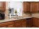 Close up of the kitchen counter with a stainless steel sink and view to the yard outside at 120 Fresh Meadow Ln, Mount Pleasant, SC 29466