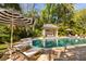 Inviting swimming pool with cabana, lounge chairs, umbrellas and mature landscaping at 1316 Thompson, Sullivans Island, SC 29482
