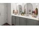 A bathroom featuring a double sink vanity with gray cabinets and rounded mirrors for a sleek modern look at 223 Goshen Rd, Moncks Corner, SC 29461