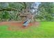 Custom treehouse with wooden stairs and slide on a spacious, tree-filled lot at 227 Oak View Way, Summerville, SC 29483