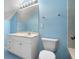 Bright blue bathroom with single sink vanity and large mirror at 345 Mentor Rd, Summerville, SC 29483